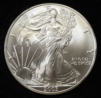 2003 AMERICAN SILVER EAGLE. BID WITH SILVER CITY AUCTIONS ESTIMATE $130 - $180.