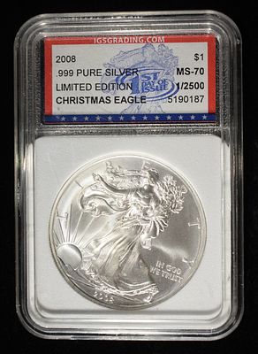 2008 AMERICAN SILVER EAGLE ICGS PERFECT GEM BU. LIMITED EDITION, CHRISTMAS EAGLE ESTIMATE $110 - 