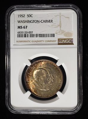 1952 50C COMMEM WASHINGTON-CARVER NGC MS67. LEADERS IN ON-LINE AUCTIONS ESTIMATE $1950 - $2150.