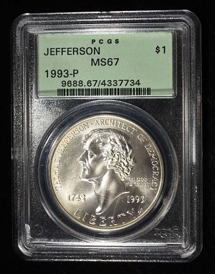 1993-P $1 COMMEM JEFFERSON PCGS MS67. LEADERS IN ON-LINE AUCTIONS ESTIMATE $75 - $100.