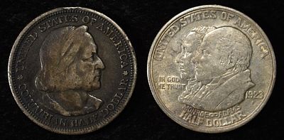 1893 & 1923-S 50C COMMEM COLUMBIAN & MONROE. BID WITH SILVER CITY AUCTIONS ESTIMATE $75 - $100.
