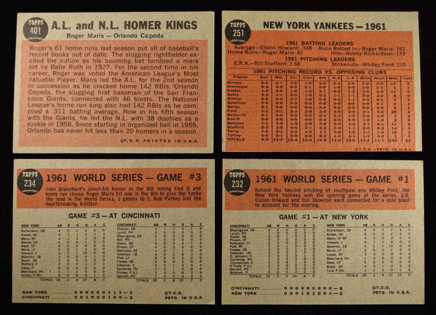 (4) 1962 TOPPS MLB #401, #251, #234 & #232