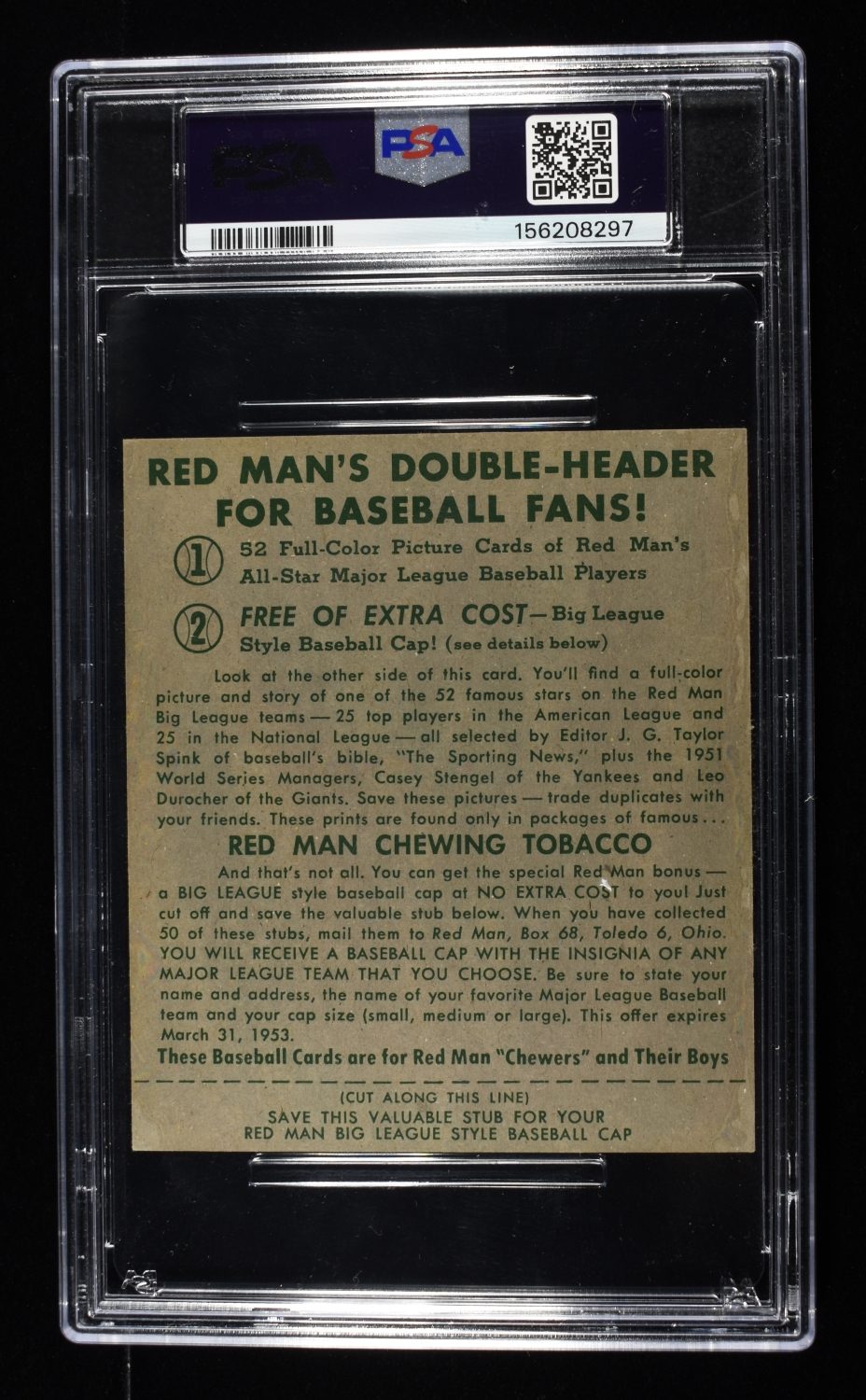 1952 RED MAN TABACCO WILLIE MAYS PSA VG-EX