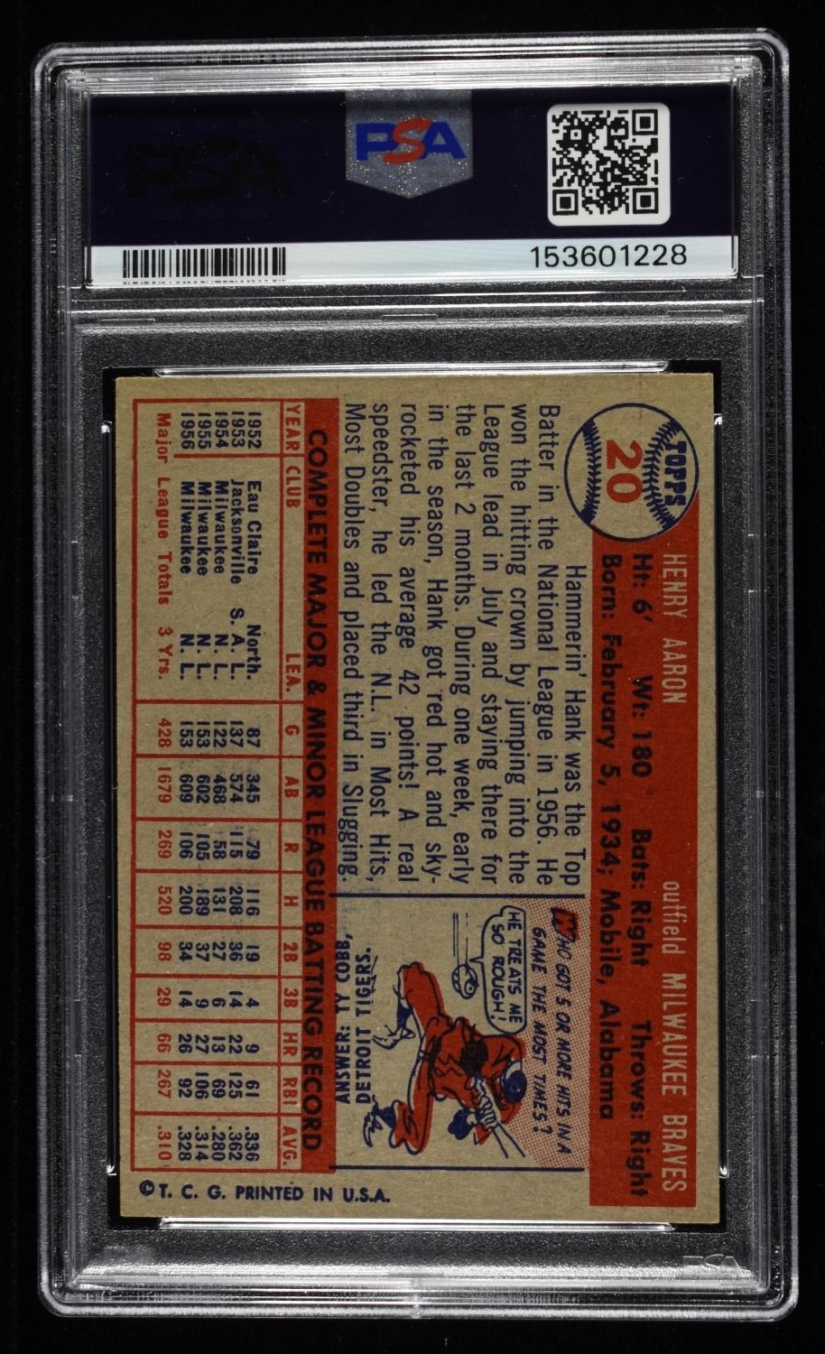 1957 TOPPS #20 HANK AARON PSA EX 5