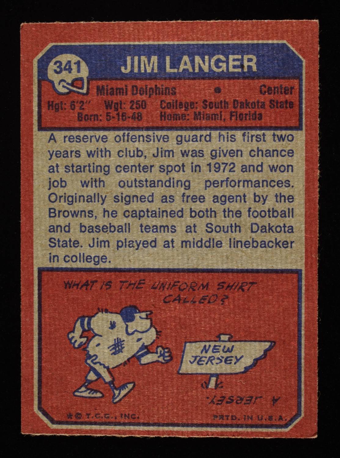 TOPPS 1973 # 341 JIM LANGER FOOTBALL CARD