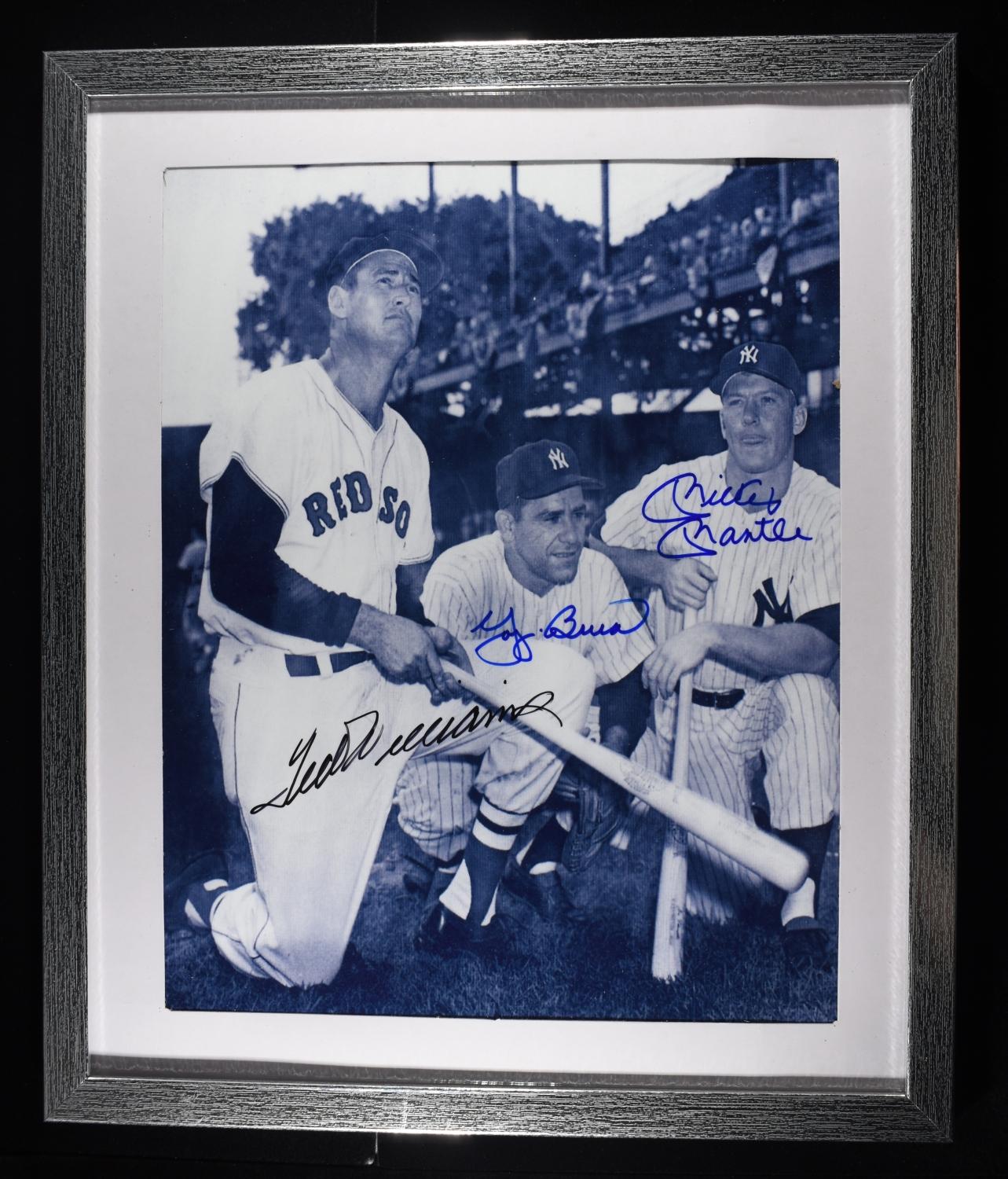 WILLIAMS/MANTLE/BERRA SIGNED 8X10 FRAMED /W COA