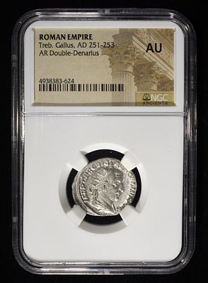 AD 251-253 TREB. GALLUS AR DOUBLE-DENARIUS NGC AU. TOP RATED AUCTION HOUSE ESTIMATE $250 - $300.