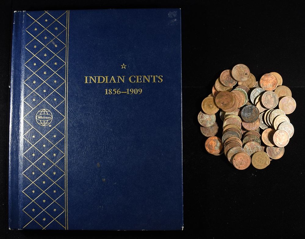INDIAN HEAD CENT COLLECTION. INCLUDING (59) INDIAN HEADS & EMPTY WHITMAN ALBUM ESTIMATE $100 - $150.
