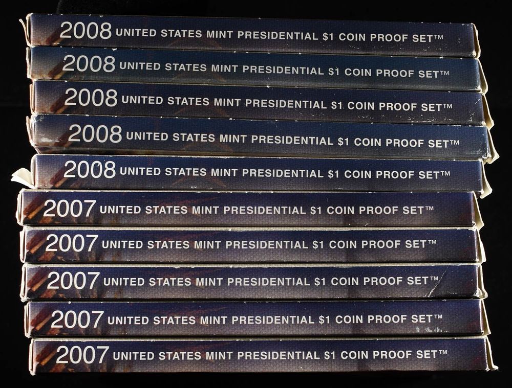 (5) 2007 & (5) 2008 $1 PRESIDENTAL PROOF SETS. LEADERS IN ON-LINE AUCTIONS ESTIMATE $100 - $150.