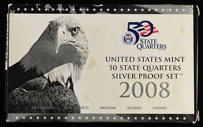 2008 SILVER QUARTER PROOF SET. LEADERS IN ON-LINE AUCTIONS ESTIMATE $80 - $120.