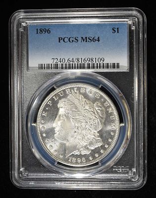 1896 MORGAN DOLLAR PCGS MS-64. BID WITH SILVER CITY AUCTIONS ESTIMATE $150 - $200.