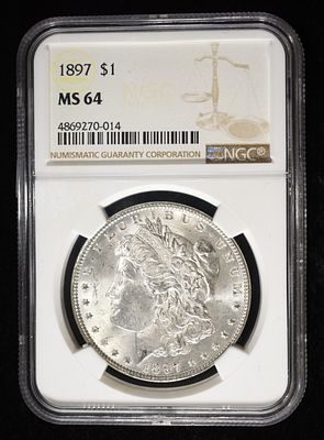 1897 MORGAN DOLLAR NGC MS-64. TOP RATED AUCTION HOUSE ESTIMATE $150 - $200.