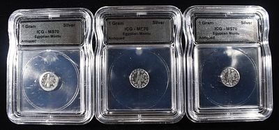 (3) 1 GRAM EGYPTIAN MONTU SILVER ICG MS70. ANTIQUED ESTIMATE $80 - $120.