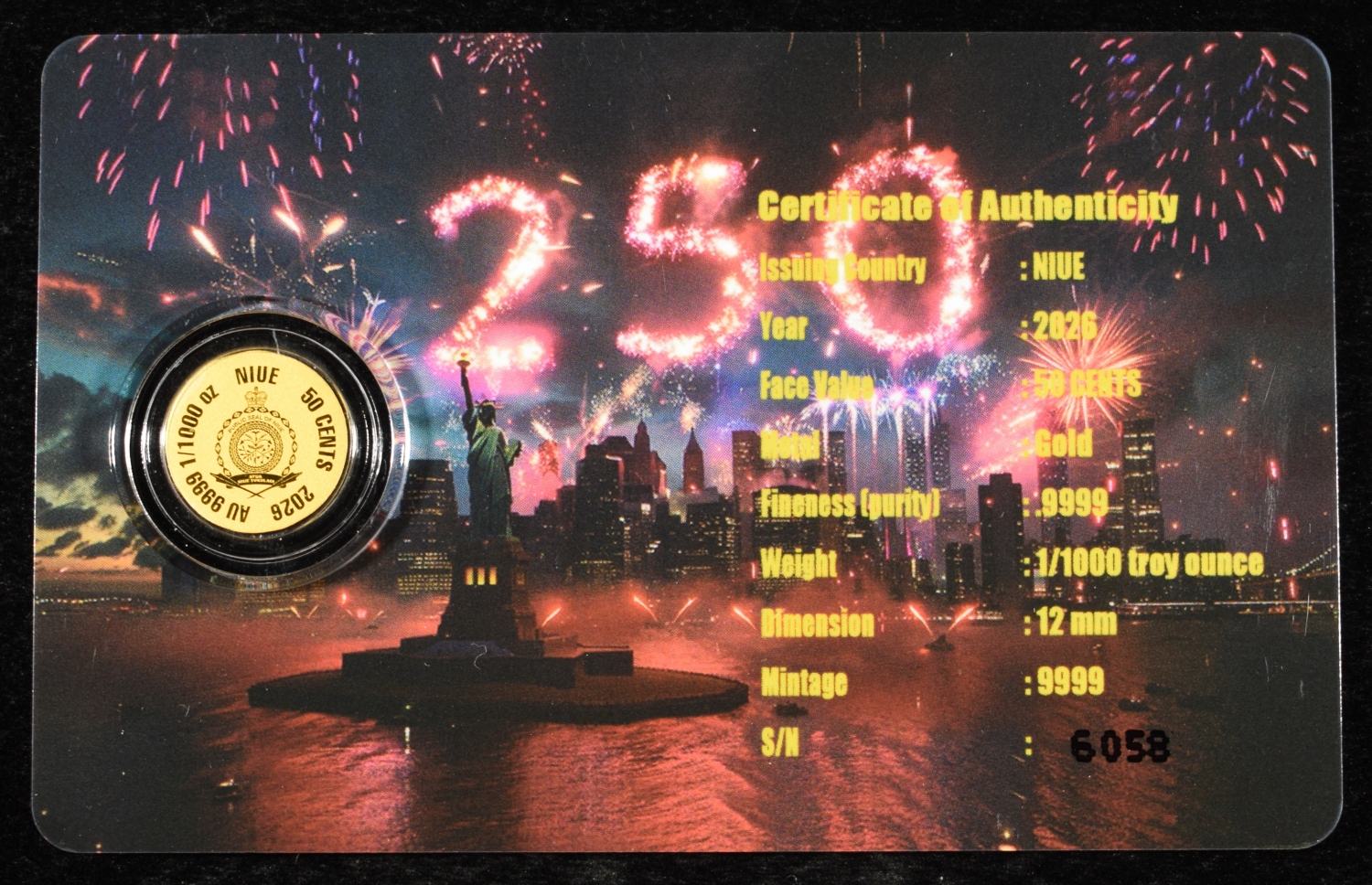 (5) 2026 NIUE 50C 1/1000TH .9999 GOLD