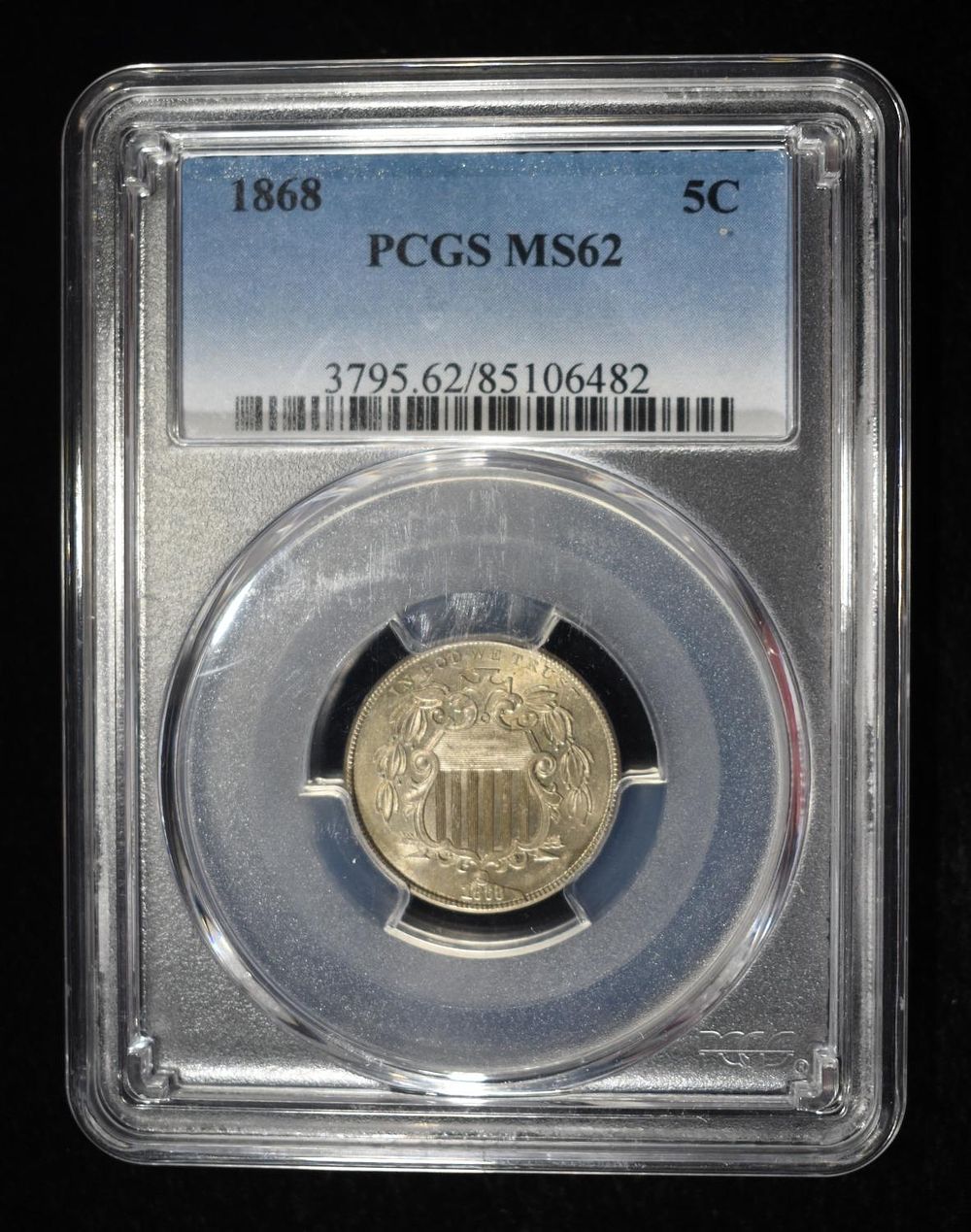 1868 SHIELD NICKEL PCGS MS-62. TOP RATED AUCTION HOUSE ESTIMATE $250 - $300.