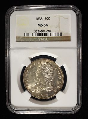 1835 BUST HALF DOLLAR NGC MS-64. BID WITH SILVER CITY AUCTIONS ESTIMATE $3500 - $4000.