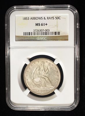 1853 SEATED LIBERTY HALF DOLLAR NGC MS-61+. ARROWS & RAYS LEADERS IN ON-LINE AUCTIONS ESTIMATE 