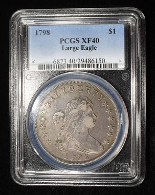 1798 BUST DOLLAR PCGS XF-40. LARGE EAGLE TOP RATED AUCTION HOUSE ESTIMATE $4500 - $5500.