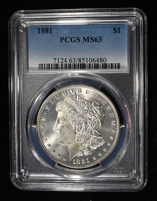 1881 MORGAN DOLLAR PCGS MS-63. WEEKLY COIN & CURRENCY AUCTIONS ESTIMATE $150 - $200.