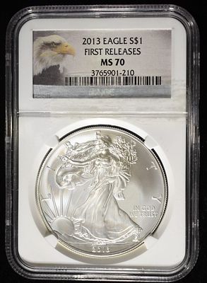 2013 AMERICAN SILVER EAGLE NGC MS70. LEADERS IN ON-LINE AUCTIONS ESTIMATE $110 - $160.
