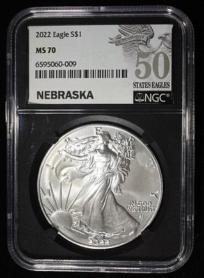 2022 AMERICAN SILVER EAGLE NGC MS70. NEBRASKA ESTIMATE $130 - $180.