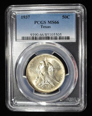1937 TEXAS COMMEM HALF DOLLAR PCGS MS-66. TOP RATED AUCTION HOUSE ESTIMATE $350 - $400.