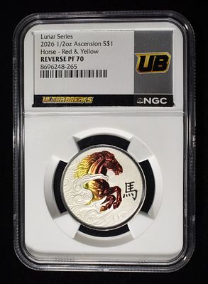 2026 ASCENSION 1/2 OZ SILVER HORSE NGC REV PF-70. RED & YELLOW ESTIMATE $150 - $200.