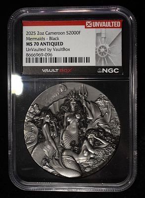 2025 2 OZ SILVER CAMEROON MERMAIDS BLACK NGC MS-70. ANTIQUED WEEKLY COIN & CURRENCY AUCTIONS 