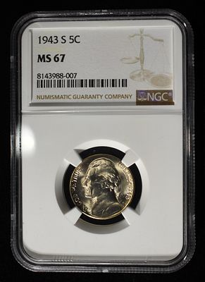 1943-S JEFFERSON NICKEL NGC MS67. BID WITH SILVER CITY AUCTIONS ESTIMATE $90 - $130.