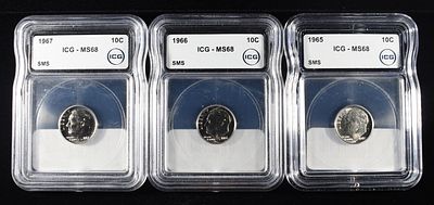 1967, 66 & 65 ROOSEVELT DIMES ICA MS68 SMS. TOP RATED AUCTION HOUSE ESTIMATE $90 - $130.