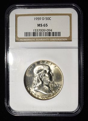 1959-D FRANKLIN HALF DOLLAR NGC MS65. TOP RATED AUCTION HOUSE ESTIMATE $90 - $130.