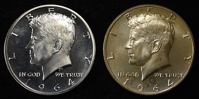 (2) 90% SILVER 1964 KENNEDY HALF DOLLARS PROOF BU. LEADERS IN ON-LINE AUCTIONS ESTIMATE $90 - $130.