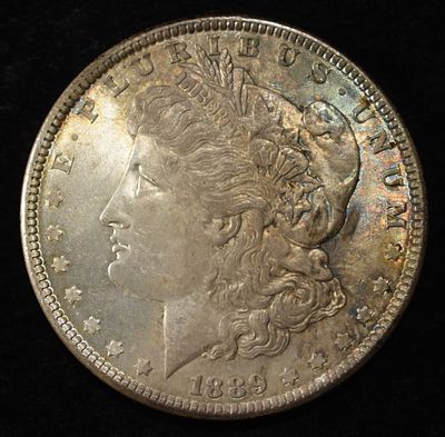 1889 MORGAN DOLLAR GEM ORIG UNC GREAT COLOR. WEEKLY COIN & CURRENCY AUCTIONS ESTIMATE $290 - $340.