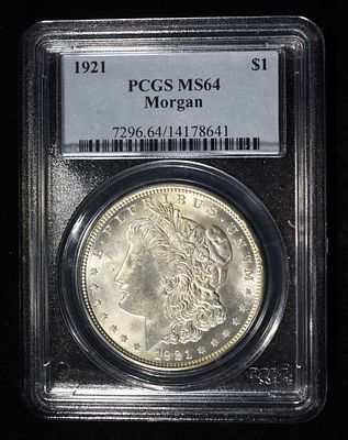 1921 MORGAN DOLLAR PCGS MS-64. TOP RATED AUCTION HOUSE ESTIMATE $150 - $200.