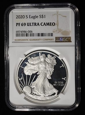 2020-S AMERICAN SILVER EAGLE NGC PF 69 UCAM. LEADERS IN ON-LINE AUCTIONS ESTIMATE $180 - $230.