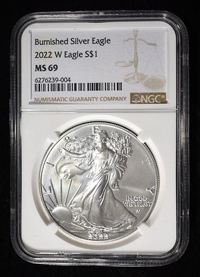 2022-W AMERICAN SILVER EAGLE BURNISHED NGC MS69. BID WITH SILVER CITY AUCTIONS ESTIMATE $120 - $170.