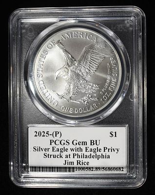 2025-P AMERICAN SILVER EAGLE PCGS GEM BU. SILVER EAGLE WITH EAGLE PRIVY, STRUCK AT PHILADELPHIA 