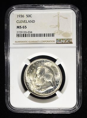 1936 COMMEM 50C CLEVELAND NGC MS65. LEADERS IN ON-LINE AUCTIONS ESTIMATE $170 - $220.