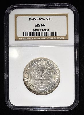 1946 COMMEM 50C IOWA NGC MS66. TOP RATED AUCTION HOUSE ESTIMATE $170 - $220.