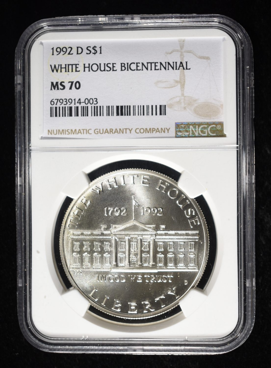 1992-D COMMEM $1 WHITE HOUSE BICENT NGC MS70