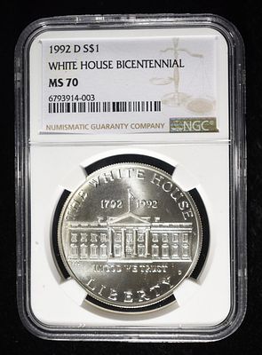 1992-D COMMEM $1 WHITE HOUSE BICENT NGC MS70. LEADERS IN ON-LINE AUCTIONS ESTIMATE $120 - $170.