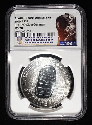 2019-P COMMEM $1 APOLLO 11 0.999 SILVER NGC MS70. FIRST 0.999 SILVER COMMEM, 50TH ANNIVERSARY 
