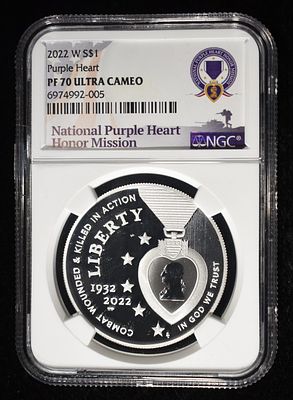 2022-W COMMEM $1 PURPLE HEART NGC PF70 UCAM. BID WITH SILVER CITY AUCTIONS ESTIMATE $90 - $130.