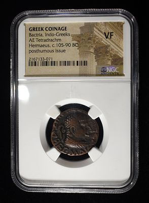 c.105-90 BC HERMAEUS AE TETRADRACHM NGC VF. WEEKLY COIN & CURRENCY AUCTIONS ESTIMATE $130 - $180.