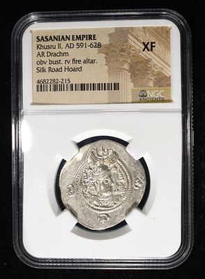 AD 591-628, KHUSRU II, AR DRACHM NGC XF. SASANIAN EMPIRE, OBV BUST. RV FIRE ALTAR, SILK ROAD 