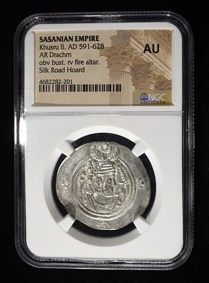 KHUSRU II, AD 591-628 NGC AU. SASANIAN EMPIRE, AR DRACHM ESTIMATE $170 - $220.