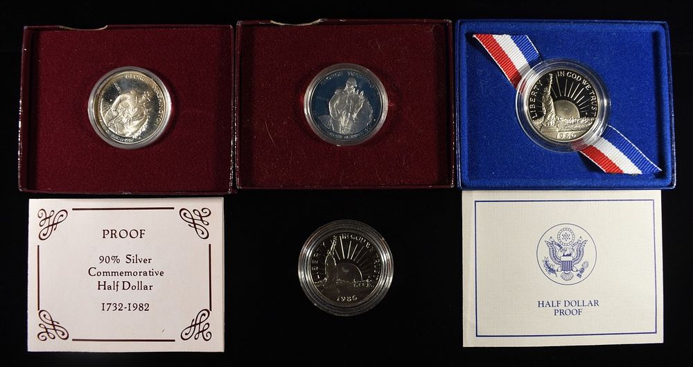 (4) COMMEM HALF DOLLARS. (2) 1982-S 50C WASHINGTON 250TH ANNAVERSARY OF BIRTH SILVER & (2) 1986 