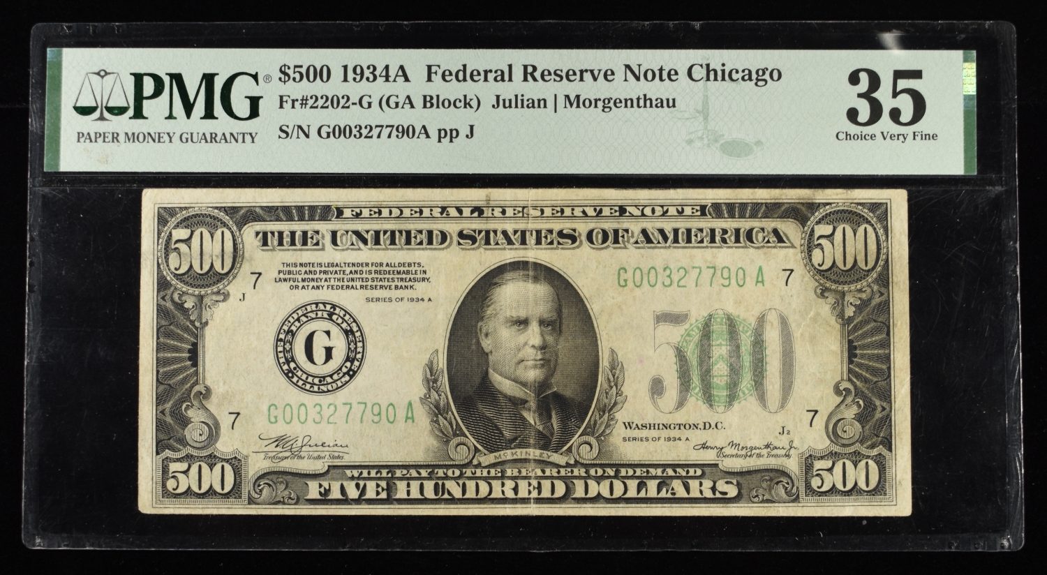 1934A $500 FEDERAL RESERVE NOTE CHICAGO PMG VF-35
