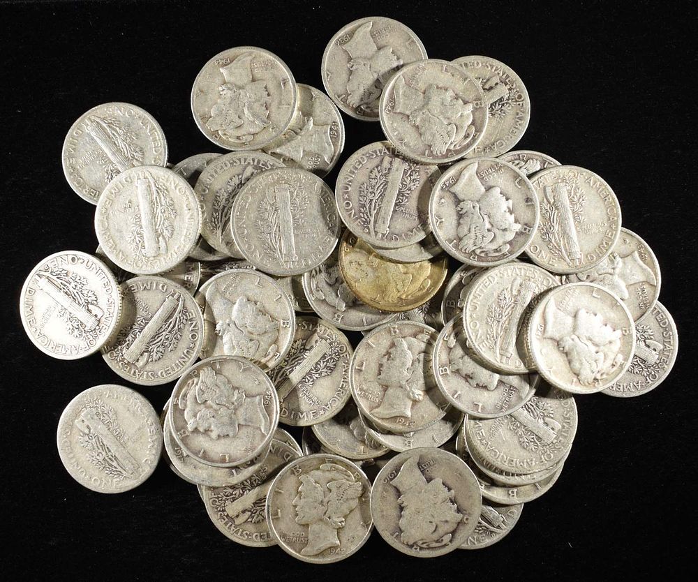 (50) MERCURY DIMES 90% SILVER. TOP RATED AUCTION HOUSE ESTIMATE $350 - $400.