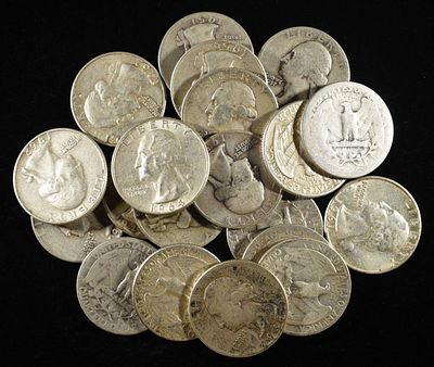 (20) 90% SILVER WASHINGTON QUARTERS. BID WITH SILVER CITY AUCTIONS ESTIMATE $200 - $250.